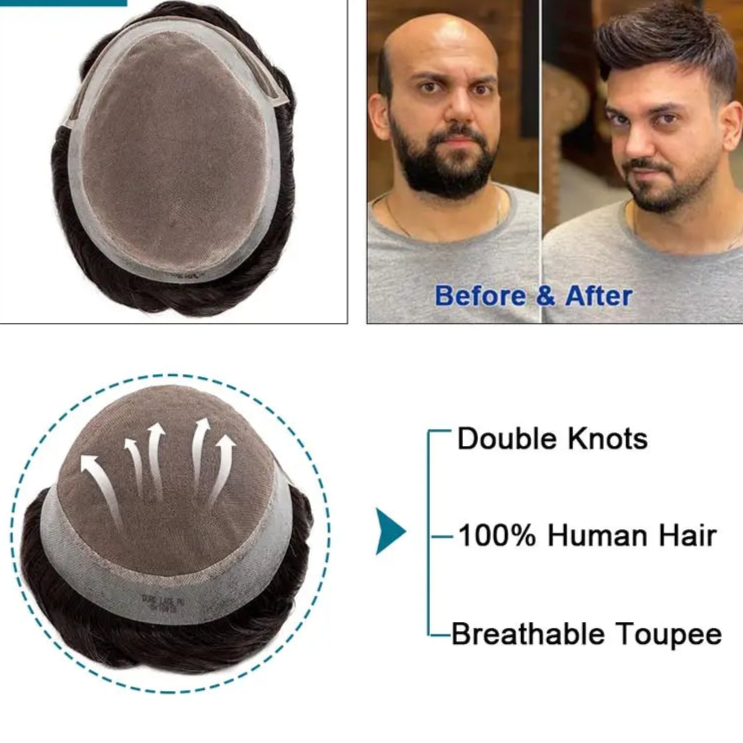 Men's Human Hair Toupee with Mono Top & Swiss Lace Front – 6" Natural Hairpiece