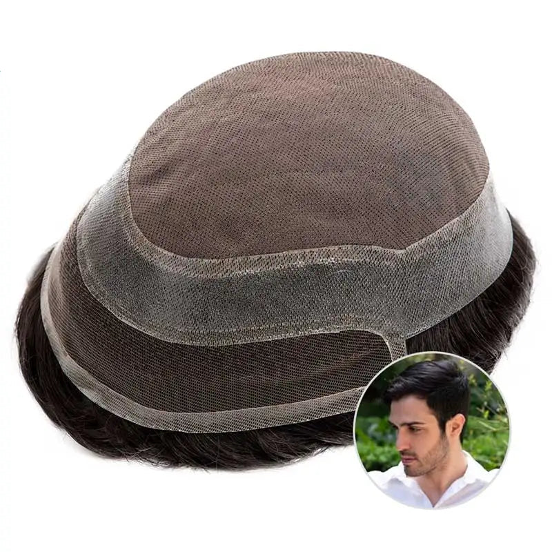 Men's Human Hair Toupee with Mono Top & Swiss Lace Front – 6" Natural Hairpiece