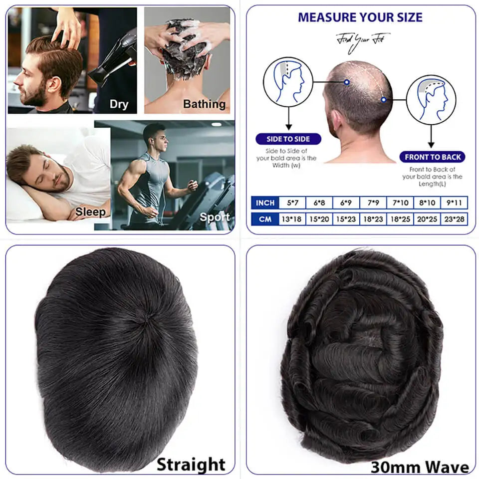 Australia French Lace & Skin Base Toupee – 6" Natural Human Hair for Men